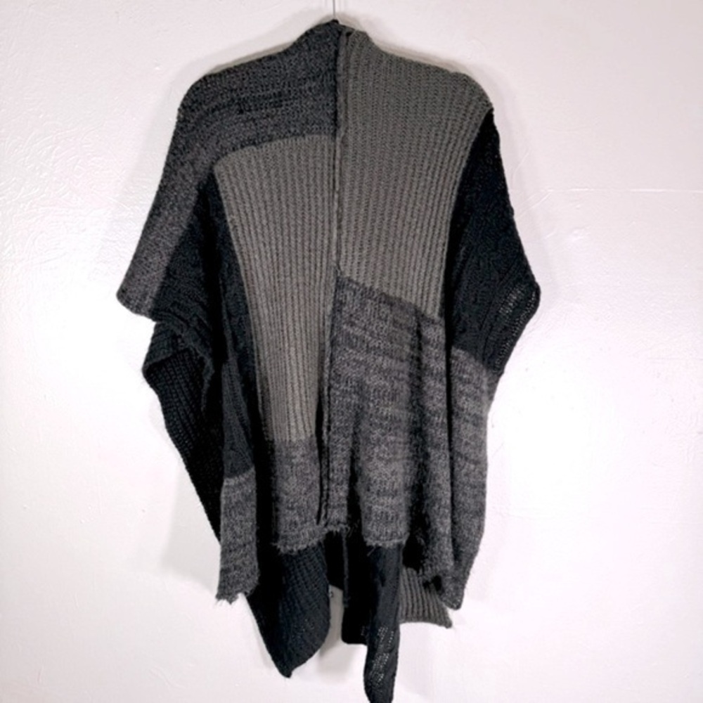 Patchwork knit poncho black tan sweater cardigan lagenlook Boho loose fit